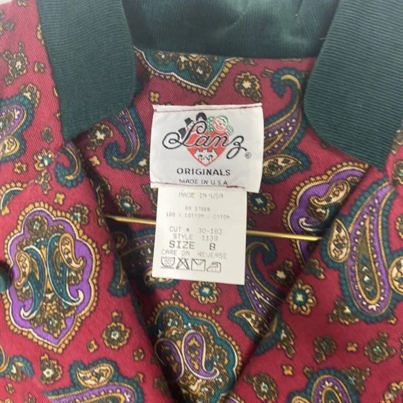 Vintage 80s Lanz Original Dress Paisley Maroon Green Midi Peplum New Sz 8 Cotton